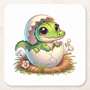 Süßer Kawaii-Baby-Alligator schlüpft aus dem Ei - Rechteckiger Pappuntersetzer