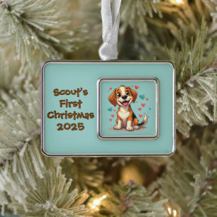 Süßer Kawaii-Beagle mit Herzen Verspielte Hundekun Rahmen-Ornament Silber
