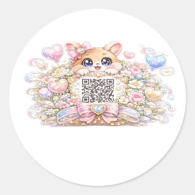 Süßer Kawaii benutzerdefinierter QR-Code Katze Pas Runder Aufkleber (Vorderseite)