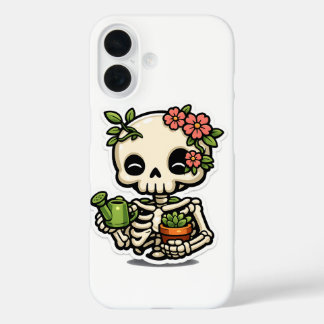 Süßer Kawaii-Blumen-Skelett-Gärtner-Aufkleber iPhone 16 Hülle