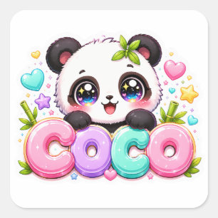 Süßer Kawaii Coco Panda Name Pastellrosa Funkelnd  Quadratischer Aufkleber