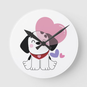 Süßer Kawaii-Dalmatiner-Welpe mit Herzen Runde Wanduhr