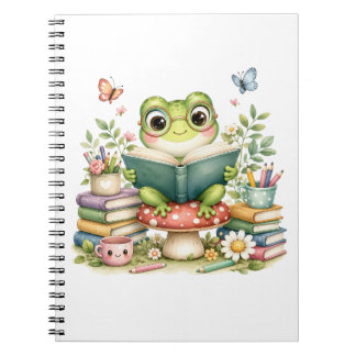 Süßer Kawaii-Frosch beim Lesen eines Buches | Aqua Notizblock