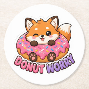 Süßer Kawaii-Fuchs-Donut-Sorge-witziger Essen-Wort Runder Pappuntersetzer