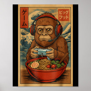 Süßer Kawaii-Gamer Bigfoot Ramen Retro-Japanischer Poster