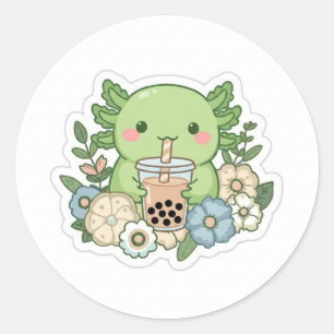 Süßer Kawaii grüner Axolotl, der Boba-Tee trinkt S Runder Aufkleber