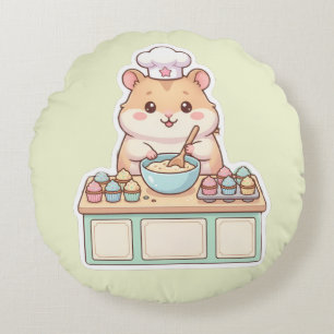 Süßer Kawaii Hamster Koch backt Cupcakes Rund Rundes Kissen