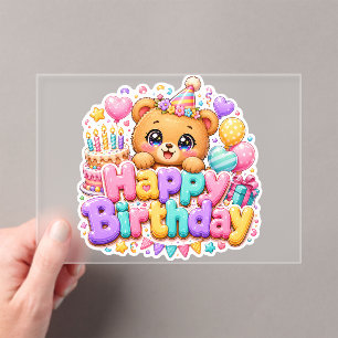 Süßer Kawaii Happy Birthday Teddy Bär Pastell Rosa Acryleinladungen