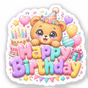 Süßer Kawaii Happy Birthday Teddy Bär Pastell Rosa Aufkleber