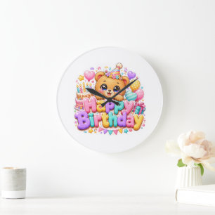 Süßer Kawaii Happy Birthday Teddy Bär Pastell Rosa Große Wanduhr