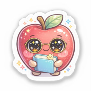 Süßer Kawaii intelligenter Apfel mit Brille, der e Aufkleber