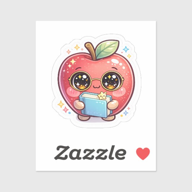 Süßer Kawaii intelligenter Apfel mit Brille, der e Aufkleber (Blatt)