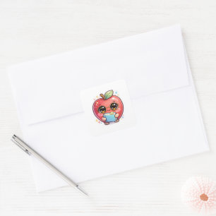 Süßer Kawaii intelligenter Apfel mit Brille, der e Quadratischer Aufkleber