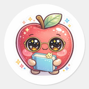 Süßer Kawaii intelligenter Apfel mit Brille, der e Runder Aufkleber