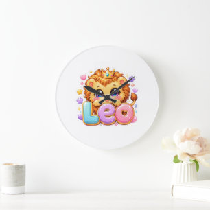 Süßer Kawaii-Leo-Löwe-Name Pastell-Rosa-Krone Funk Große Wanduhr