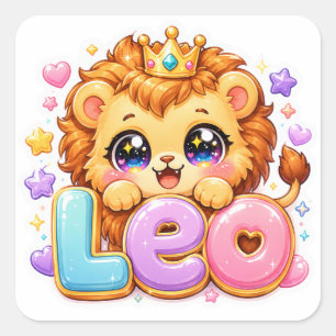 Süßer Kawaii-Leo-Löwe-Name Pastell-Rosa-Krone Funk Quadratischer Aufkleber