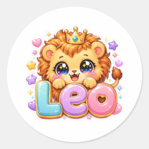 Süßer Kawaii-Leo-Löwe-Name Pastell-Rosa-Krone Funk Runder Aufkleber