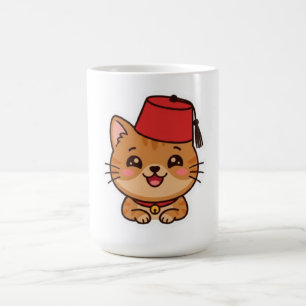 Süßer Kawaii-Marokkanischer Fez-Hut-Katzen-Aufkleb Kaffeetasse