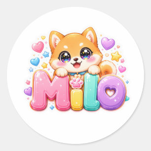 Süßer Kawaii Milo Hunde Name Pastell Rosa Funkelnd Runder Aufkleber