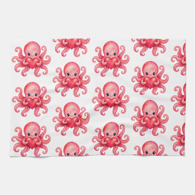 Süßer Kawaii-Oktopus mit Herz Geschirrtuch (Horizontal)