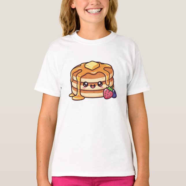 Süßer Kawaii Pfannkuchenstapel mit Sirup und Beere T-Shirt (Vorderseite)