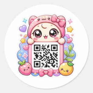 Süßer Kawaii-Pink-QR-Code-Charakter Floral Pastell Runder Aufkleber