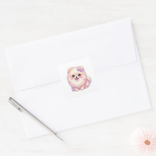 Süßer Kawaii Pomeranian Welpe mit lila Schleife in Quadratischer Aufkleber