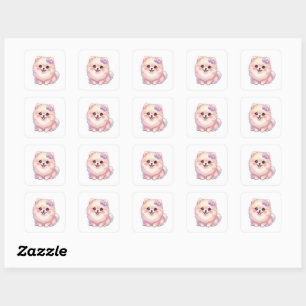 Süßer Kawaii Pomeranian Welpe mit lila Schleife Pa Quadratischer Aufkleber