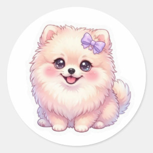 Süßer Kawaii Pomeranian Welpe mit lila Schleife un Runder Aufkleber