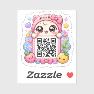 Süßer Kawaii Rosa QR-Code-Charakter Floral Pastell Aufkleber