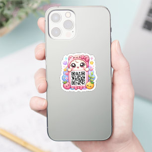 Süßer Kawaii Rosa QR-Code-Charakter Floral Pastell Aufkleber