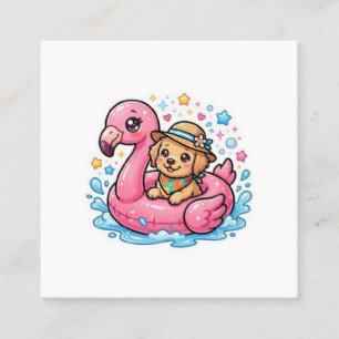 Süßer Kawaii Sommer Welpe Flamingo Pool SchwimmSti Quadratische Visitenkarte