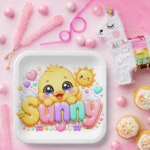 Süßer Kawaii Sonny Küken Name Pastell Rosa Funkeln Pappteller