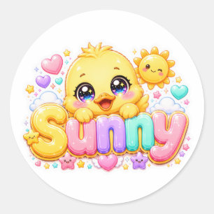 Süßer Kawaii Sonny Küken Name Pastell Rosa Funkeln Runder Aufkleber