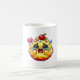 Süßer Kawaii trauriger Cupcake weint mit kaputtem Kaffeetasse