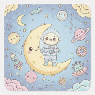 Süßer Kawaii-Weltraum - Astronaut und lächelnder M Quadratischer Aufkleber