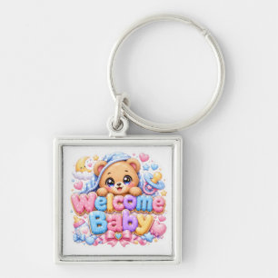 Süßer Kawaii Willkommen Baby Teddybär Pastell Rosa Schlüsselanhänger