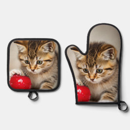 Süßer Kitten und Love Red Apple Ofenhandschuh & Topflappen-Set