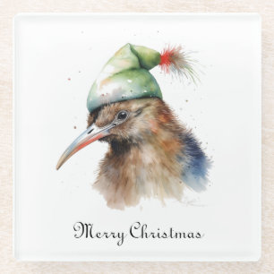Süßer Kiwi-Vogel in Weihnachts-Elfenhut, individue Glasuntersetzer