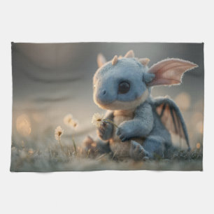 Süßer kleiner blauer Drache hält ein Gänseblümchen Geschirrtuch
