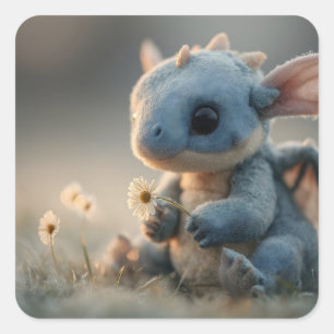 Süßer kleiner blauer Drache hält ein Gänseblümchen Quadratischer Aufkleber