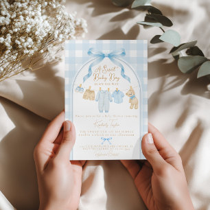 Süßer kleiner blauer Junge Wäscheleine-Baby-Party Einladung