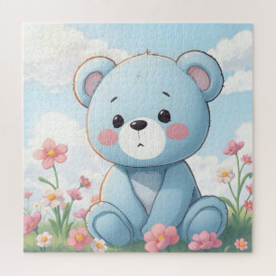 Süßer kleiner blauer Teddybär im Garten Puzzle