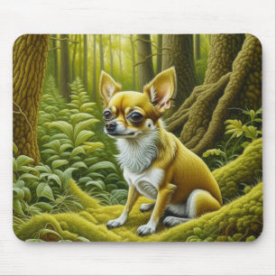 Süßer kleiner Chihuahua, der im Wald sitzt Mousepad