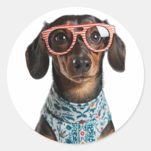 Süßer kleiner Dachshund mit roter Brille Runder Aufkleber