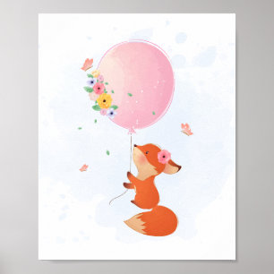 Süßer kleiner Fuchs, der mit rosa Luftballon flieg Poster