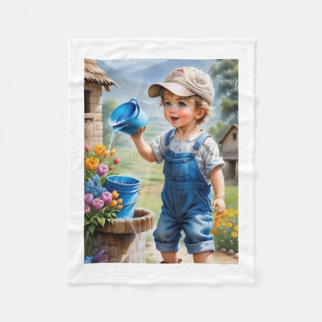 Süßer kleiner Junge, der Blumen wässert, Fleece-De Fleecedecke (Vorderseite)