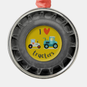 Süßer kleiner Junge mit Traktorreifen-Ornament Ornament Aus Metall