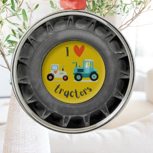 Süßer kleiner Junge mit Traktorreifen-Ornament Ornament Aus Metall