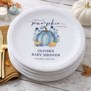 Süßer kleiner Kürbis auf dem Weg Junge Baby Shower Pappteller
